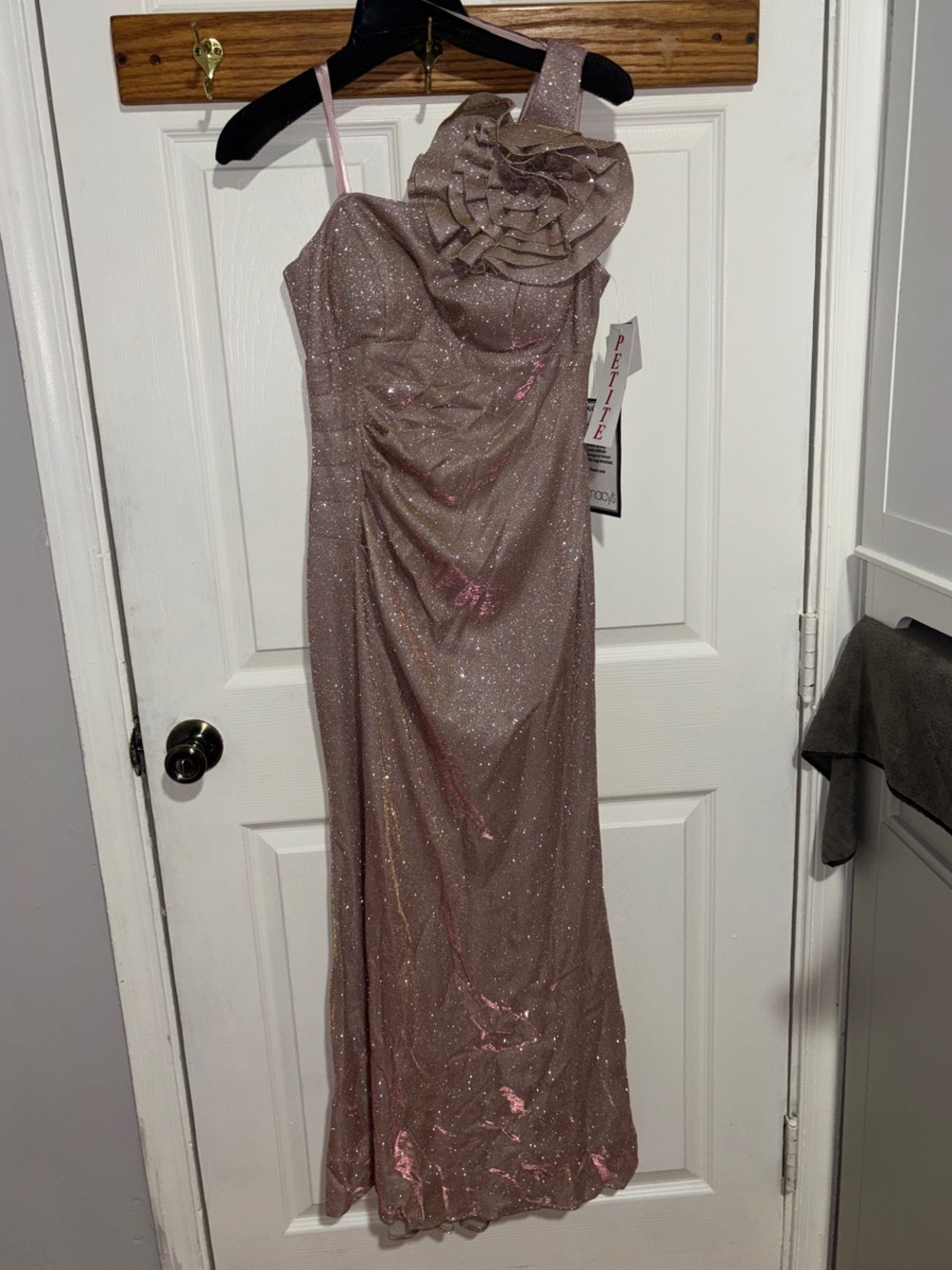 Betsy & Adam Glitter One-Shoulder Rose Gold Evening Gown